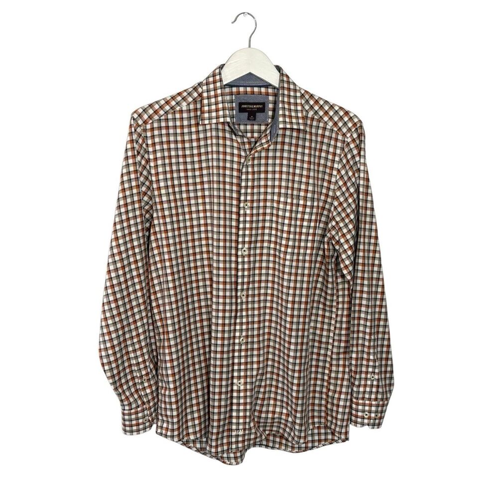 Johnston & Murphy orange navy and white long sleeve 100% cotton button down shir